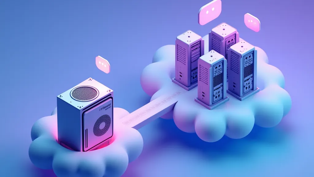 Isometric illustration comparing a local GPU box and a hosted server cluster joined by chat bubbles