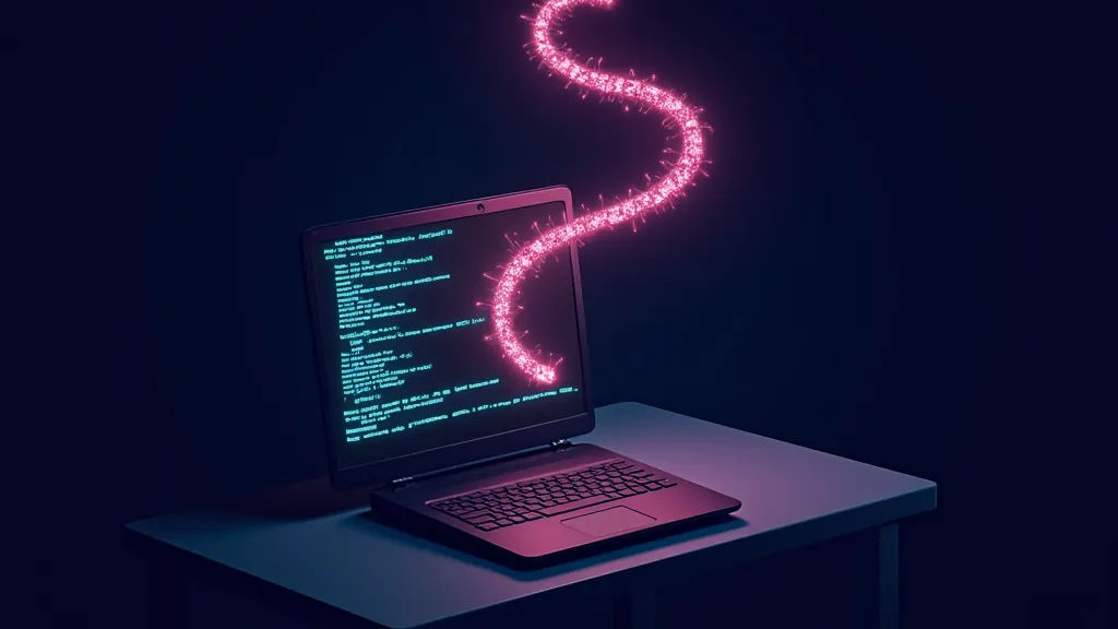 Terminal window emitting a stream of glowing tokens wrapped by a coiled ribbon of light