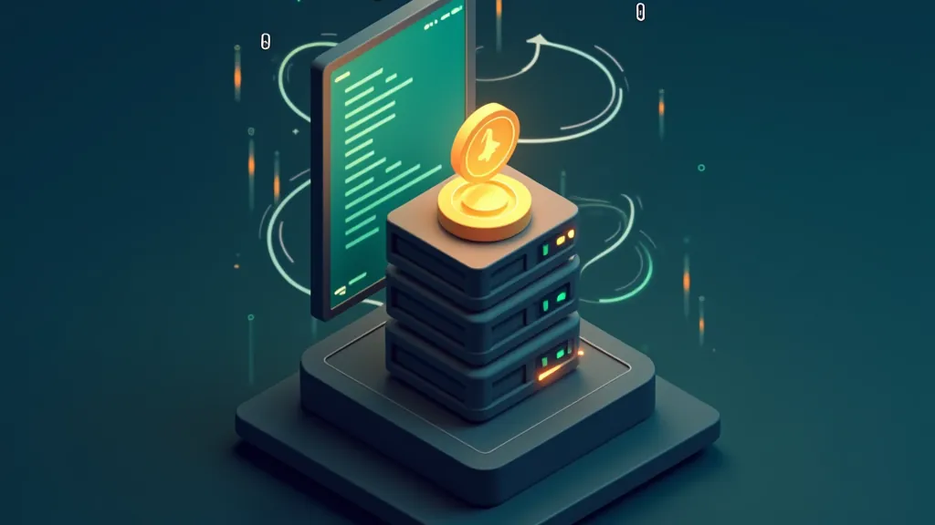 Isometric illustration of a trial coin feeding data streams into stacked servers